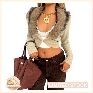 Faux Fur Cardigan Sweater Fuzzy Long Sleeve Y2K Party Crop Outerwear Chic